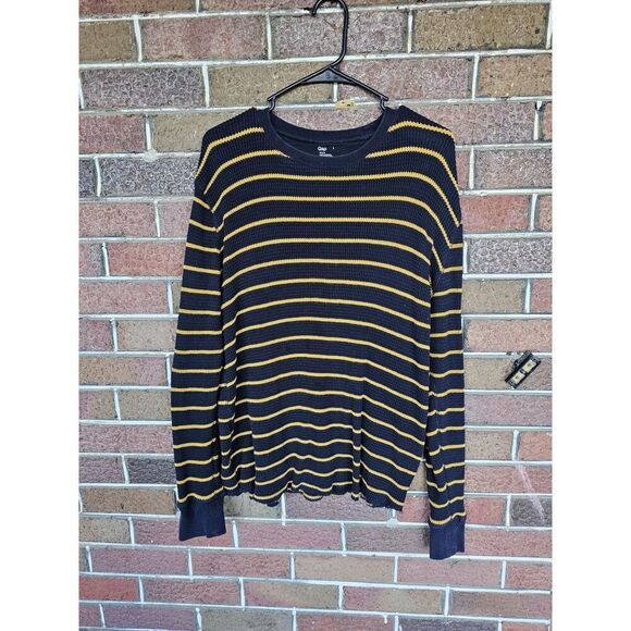 Gap Mens Large Navy Blue & Yellow Striped Long Sleeve Sweater 100% Cotton - Picture 1 of 5